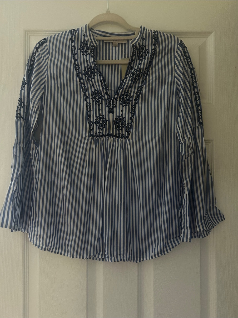 LOFT Navy and White Striped Embroidered Tunic Blouse